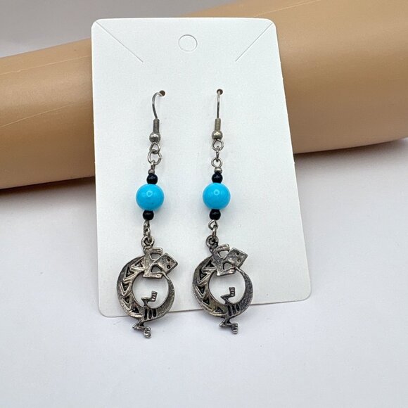 Vintage Lizard Dangle Earrings Silver Tone With Bead Accents Desert Gecko - Picture 5 of 6